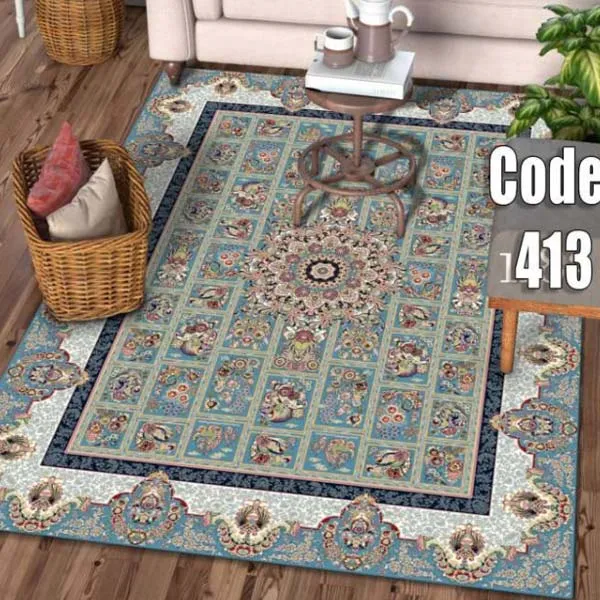کاور فرش فیروزه ای طرح سنتی نگین ترمه مدل 413