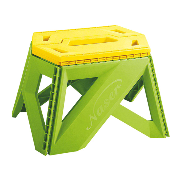 چهارپایه پلاستیکی تاشو ناصر پلاستیک مدل 616 به رنگ سبز و زرد می باشد، سوراخ ها و حفره هایی نیز در آن تعبیه شده است.