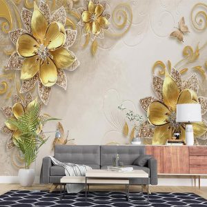 کاغذ دیواری رونیا گل برجسته طلایی