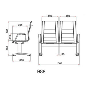ابعاد صندلی انتظار B88 در مقیاس میلی متر