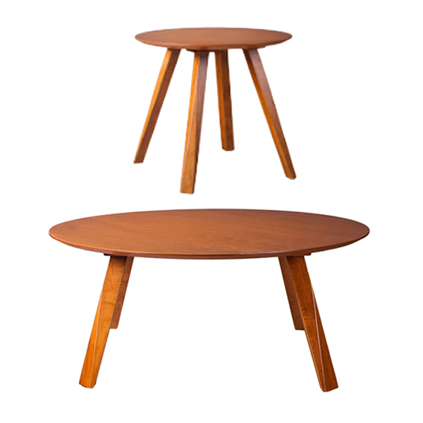 میز جلو مبلی و عسلی از جنس چوب دارای شکل دایره ای که میز عسلی در بالا و میز جلو مبلی در پایین قرار گرفته است.