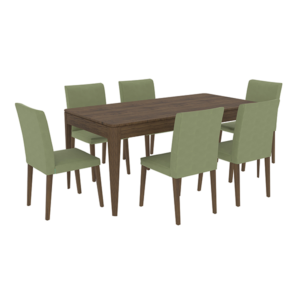 ست ناهارخوری بریس شامل 6 صندلی به رنگ سبز که دور تا دور یک میز قهوه ای قرار گرفته است.
