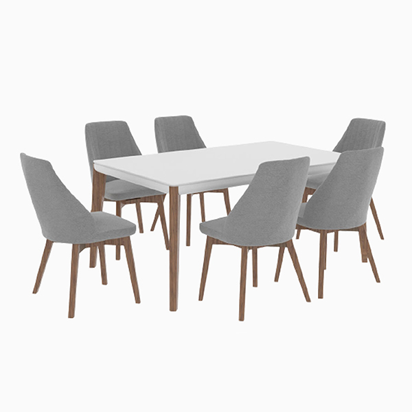 ست میز ناهارخوری 6 نفره دارای 6 عدد صندلی با رنگ طوسی با پایه های چوبی می باشد که یک میز با پایه های چوبی هم در وسط قرار گرفته است.