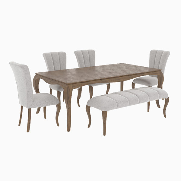 ست ناهارخوری آندرسا که شامل سه صندلی و یک نیمکت طوسی رنگ است که دور تا دور یک میز قهوه ای چوبی قرار گرفته است.