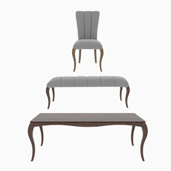 میز و صندلی و نیمکت برند نیلپر مدل آندرسا که به ترتیب از بالا صندلی، نیمکت و میز قرار دارد.