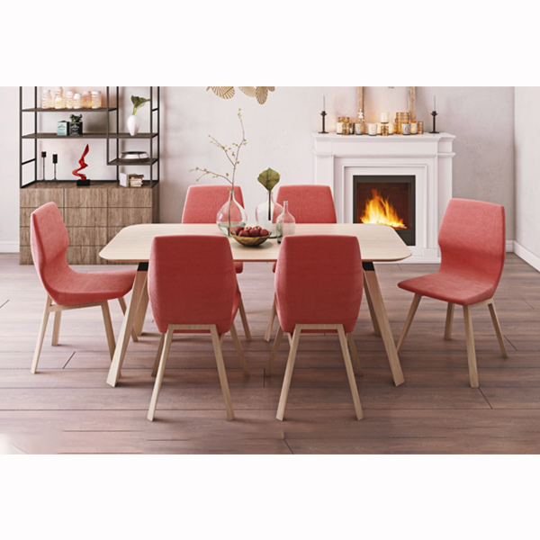 6 عدد صندلی مدل ایرا که یک میز چوبی در مرکز صندلی ها قرار گرفته است.