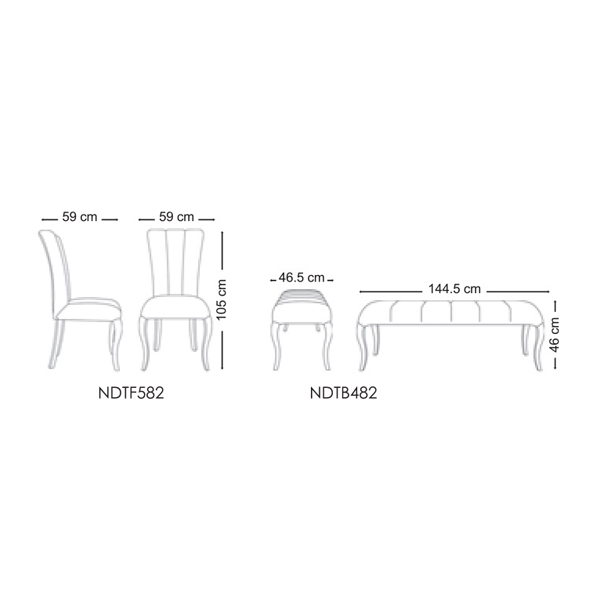 ابعاد صندلی و نیمکت آندرسا نیلپر که طول و عرض و ارتفاع ذکر شده است.