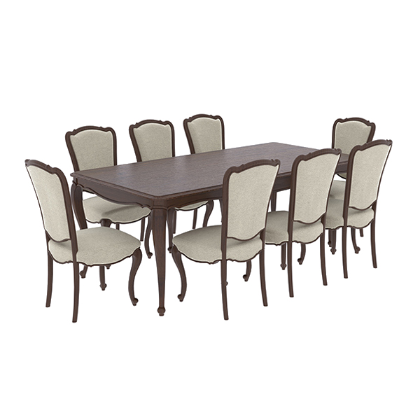 ست 8 نفره دلان شامل 8 صندلی به رنگ کرم با طراحی زیبا و چشم نواز و یک میز چوبی در وسط صندلی ها.