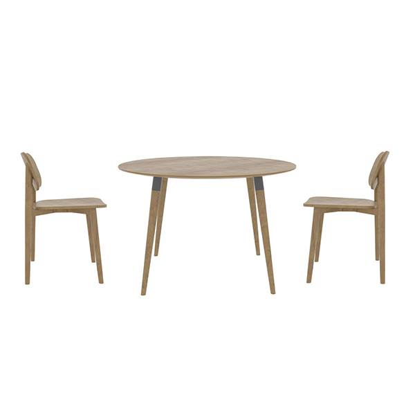 ست ناهارخوری مدل سورین برند نیلپر که دو صندلی در دوطرف یک میز گرد چوبی قرار داده شده است و پس زمینه عکس سفید می باشد.