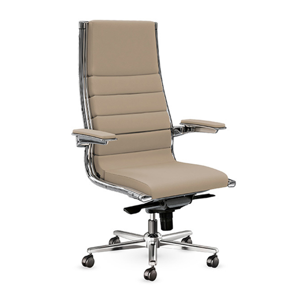 صندلی مدیریتی اروند مدل ۴۴۱۴ دارای پشتی بلند، پایه های پنج پر با آبکاری کروم و روکشی به رنگ کرم می باشد.