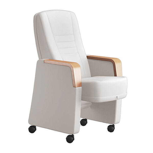 صندلی آمفی تئاتر اروند مدل 7014 دارای چرخ و رو دسته هایی از جنس چوب می باشد. روکش این صندلی به رنگ خاکستری روشن است.