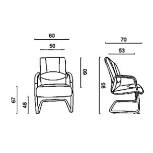 ابعاد صندلی کنفرانس BALSA داتیس مدل CB760که شامل عرض نشیمن، عمق، خارج به خارج دسته و ارتفاع تا نشیمن است به طور کامل در تصویر مشخص می باشد.