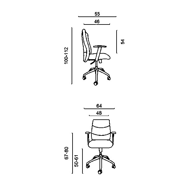ابعاد صندلی کارمندی ZIMA داتیس مدل EZ430P به طور کامل در تصویر مشخص است و شامل طول، عرض و ارتفاع می باشد.