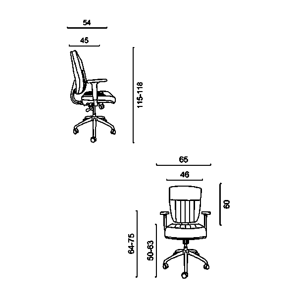 ابعاد صندلی کارشناسی PONTE داتیس مدل XP747 که شامل عمق، عمق نشیمن، ارتفاع تا دسته و ... در تصویر به طور کامل مشخص است.