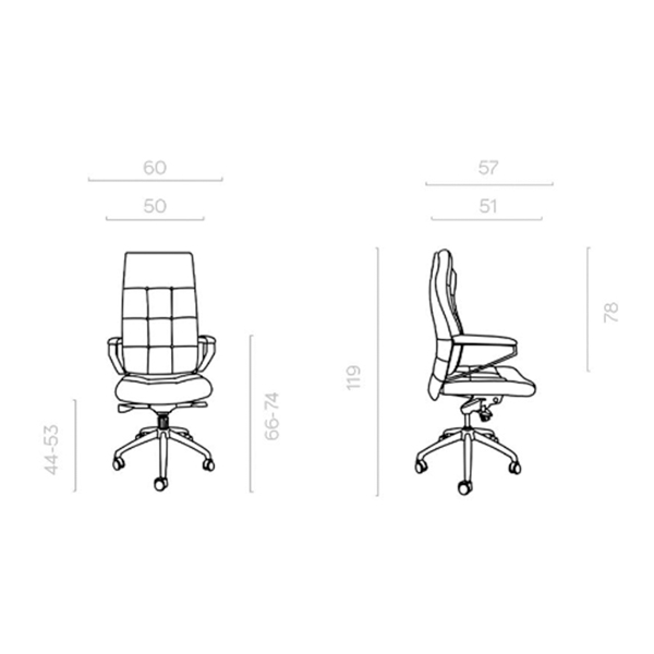 ابعاد صندلی کارشناسی VITRA داتیس مدل XV840که شامل عمق، عمق نشیمن، ارتفاع تا دسته و ... در تصویر به طور کامل مشخص است.