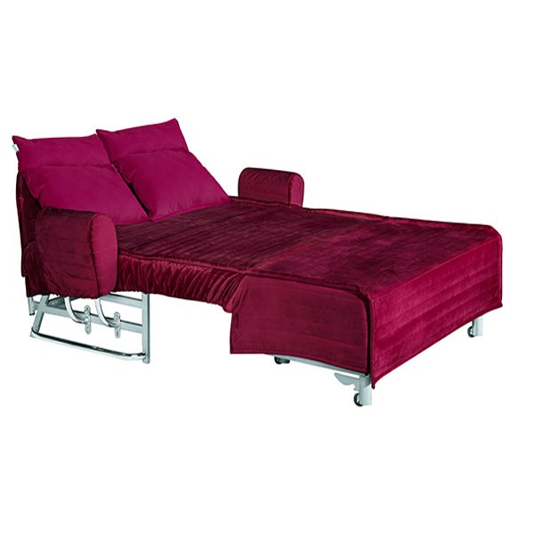 یک مبل تختخوابشو با روکش زرشکی رنگ و پایه های فلزی که به حالت تخت در تصویر قرار گرفته است.