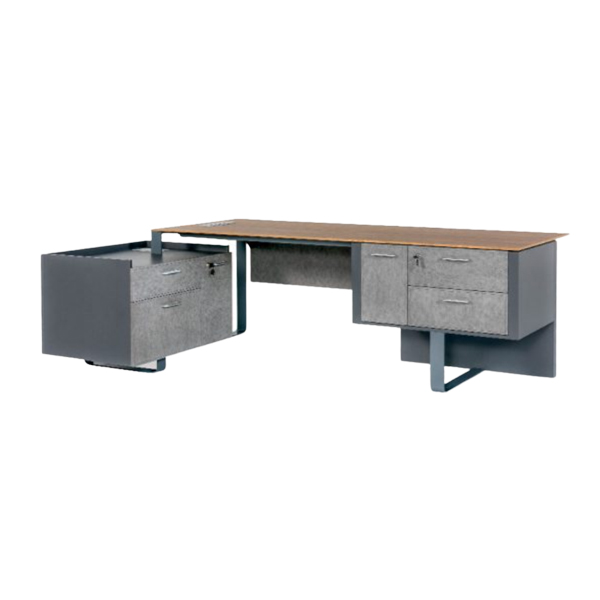 میز مدیریت جلیس مدل دنا دارای رنگ خاکستری و گردویی روشن است و صفحه آن از ام دی اف با ضخامت 16 میلی متر ساخته شده است.