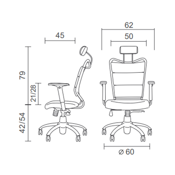 ابعاد صندلی کارشناسی DCD-162 آرتمن شامل طول و عرض و ارتفاع