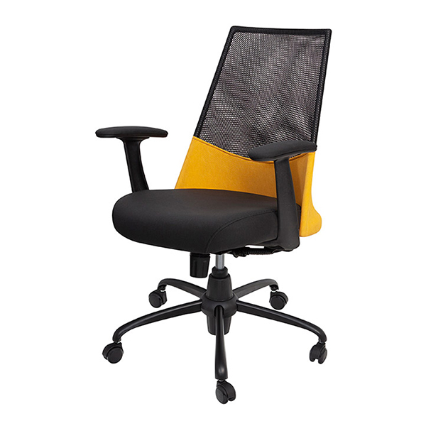 صندلی کارمندی بامو مدل 520E دارای پشتی مش مشکی و زرد-نشیمن مشکی