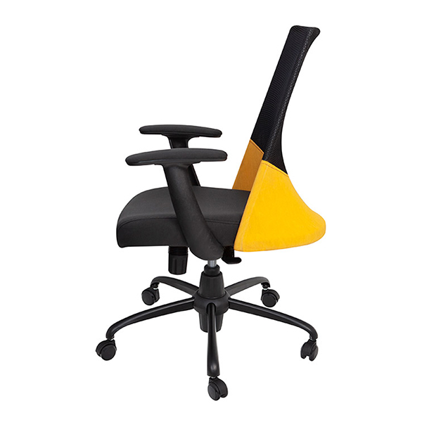 نمای کناری صندلی کارمندی بامو مدل 520E دارای پشتی مش مشکی و زرد-نشیمن مشکی