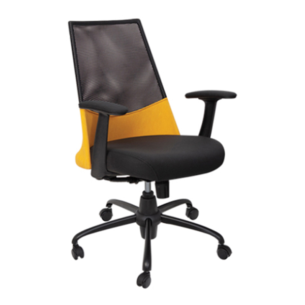صندلی کارمندی بامو مدل 520E دارای پشتی مش مشکی و زرد-نشیمن مشکی