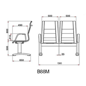 ابعاد صندلی انظار دو نفره مدل b88m برند لیو در مقیاس میلی تر