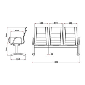 B88M صندلی انتظار سه نفره برند لیو ابعاد