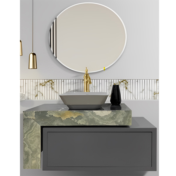 ست روشویی مرالو مدل آدیسا پلاس-آینه گرد و کابین با سنگ مرمر
