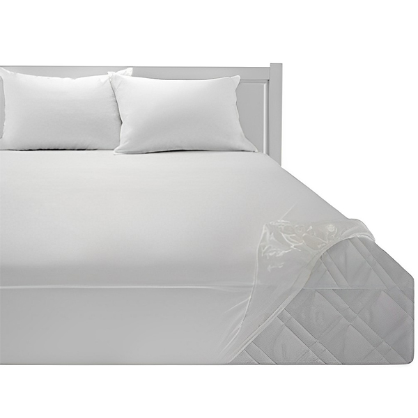 کاور محافظ تشک لایف سایز 90*200 به همراه کش که روی تشک تخت خواب قرار گرفته است