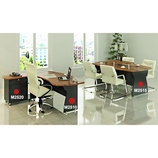 مجموعه میز اداری مدل ویونا برند نوژن متشکل از میز مدیریت و میز کنفرانس در نمای چیده شده محیط