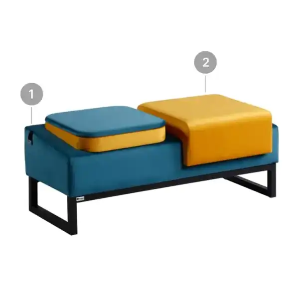 پاف دو نفره مدرن با روکش مخمل آبی فیروزهای و زرد – پایه فلزی مشکی و طراحی پلهای شیک