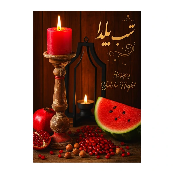 میز شب یلدا با انار و هندوانه و گل و شمع
