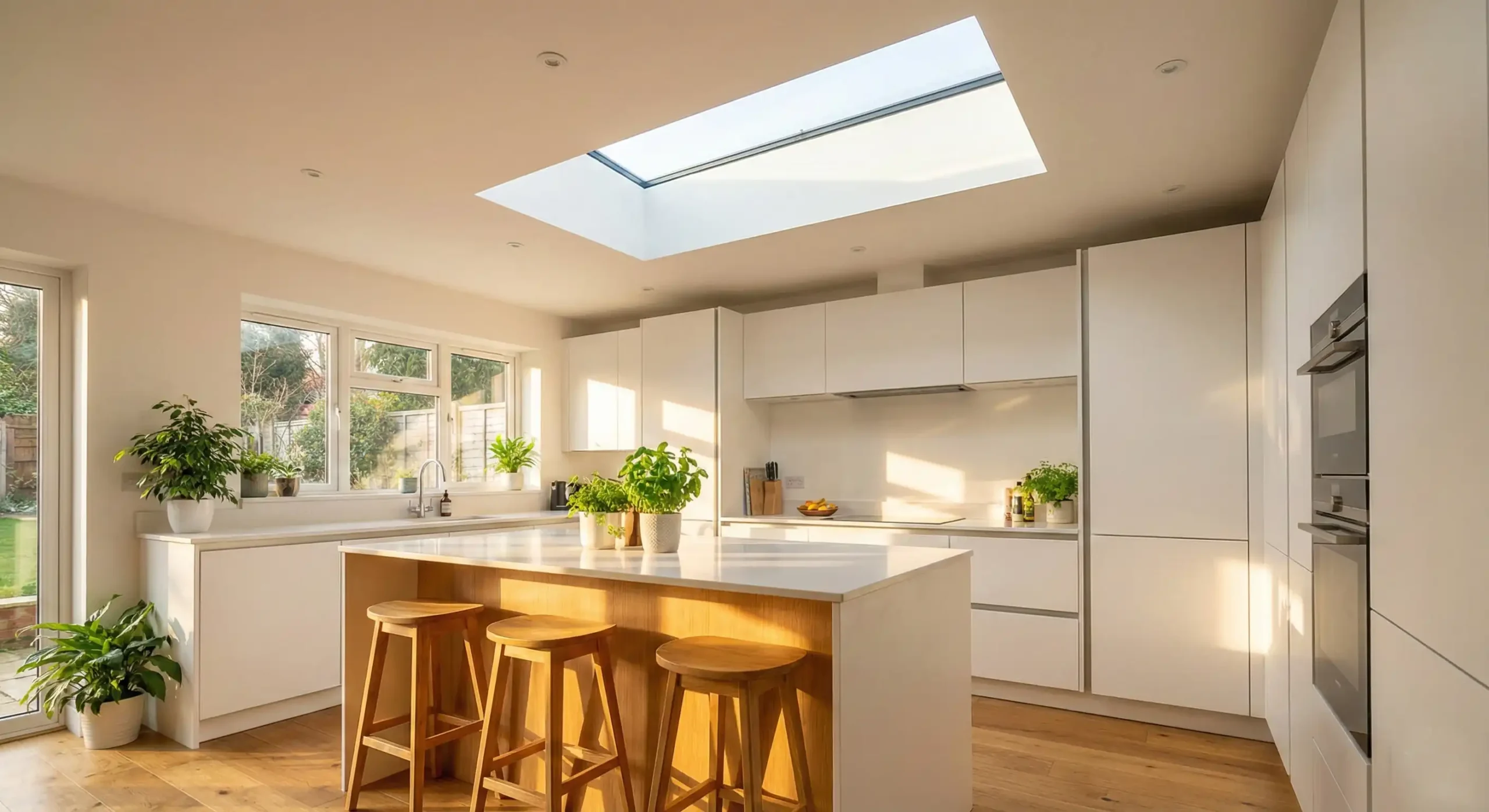 آشپزخانه با نورگیر سقفی و کابینت و دکور رنگ روشن