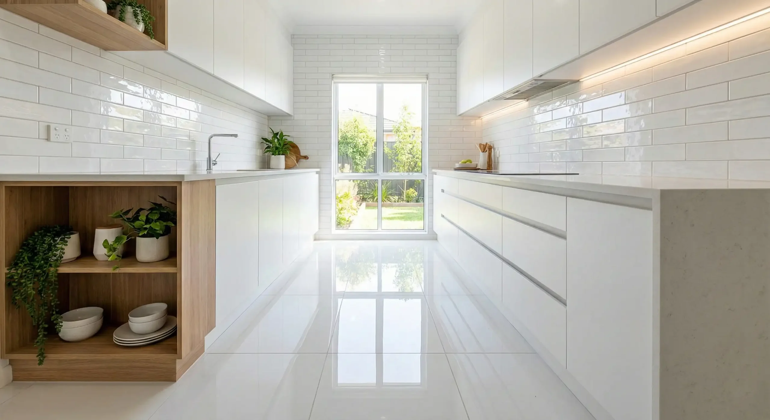 آشپرخانه با کاشی و کابینت سفید