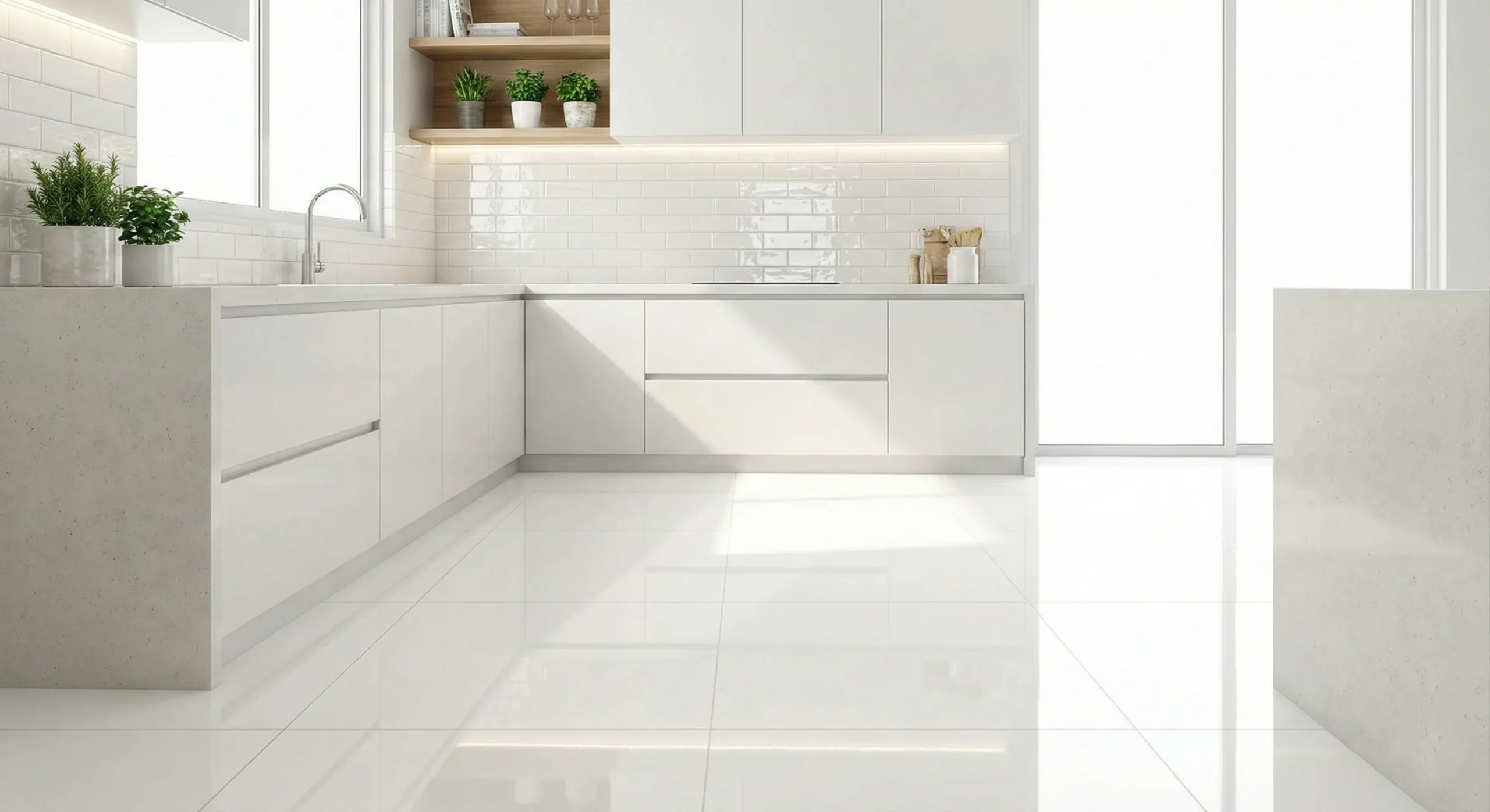 آشپرخانه با کاشی و کابینت سفید