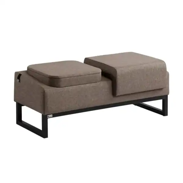 پاف دو نفره مدرن با روکش مخمل خاکستری – پایه فلزی مشکی و طراحی پلهای شیک