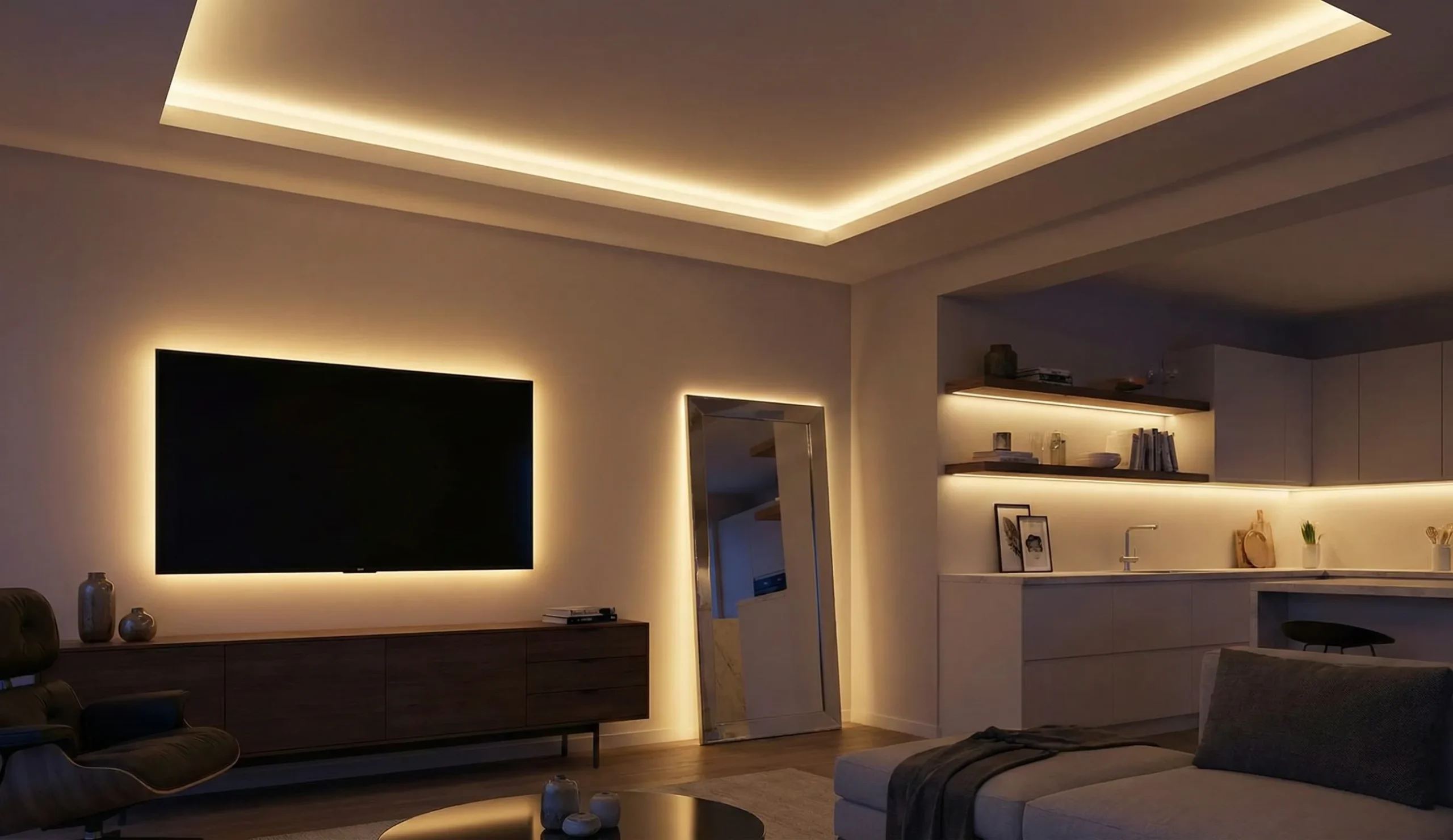 نمایش لاین های نوری در دکور اتاق و آشپزخانه