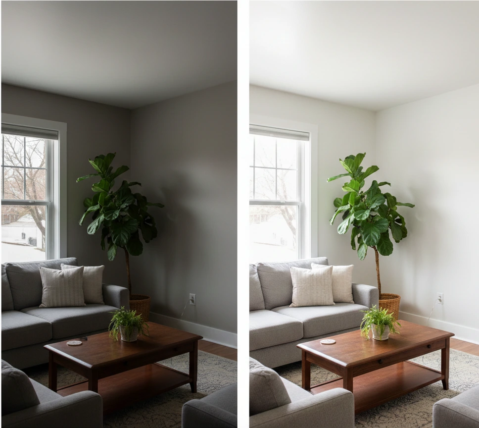 دو قسمت از یک اتاق نشیمن مدرن که در سمت چپ دیواری با رنگ خاکستری و در سمت راست دیواری با رنگ سفید دیده می‌شود