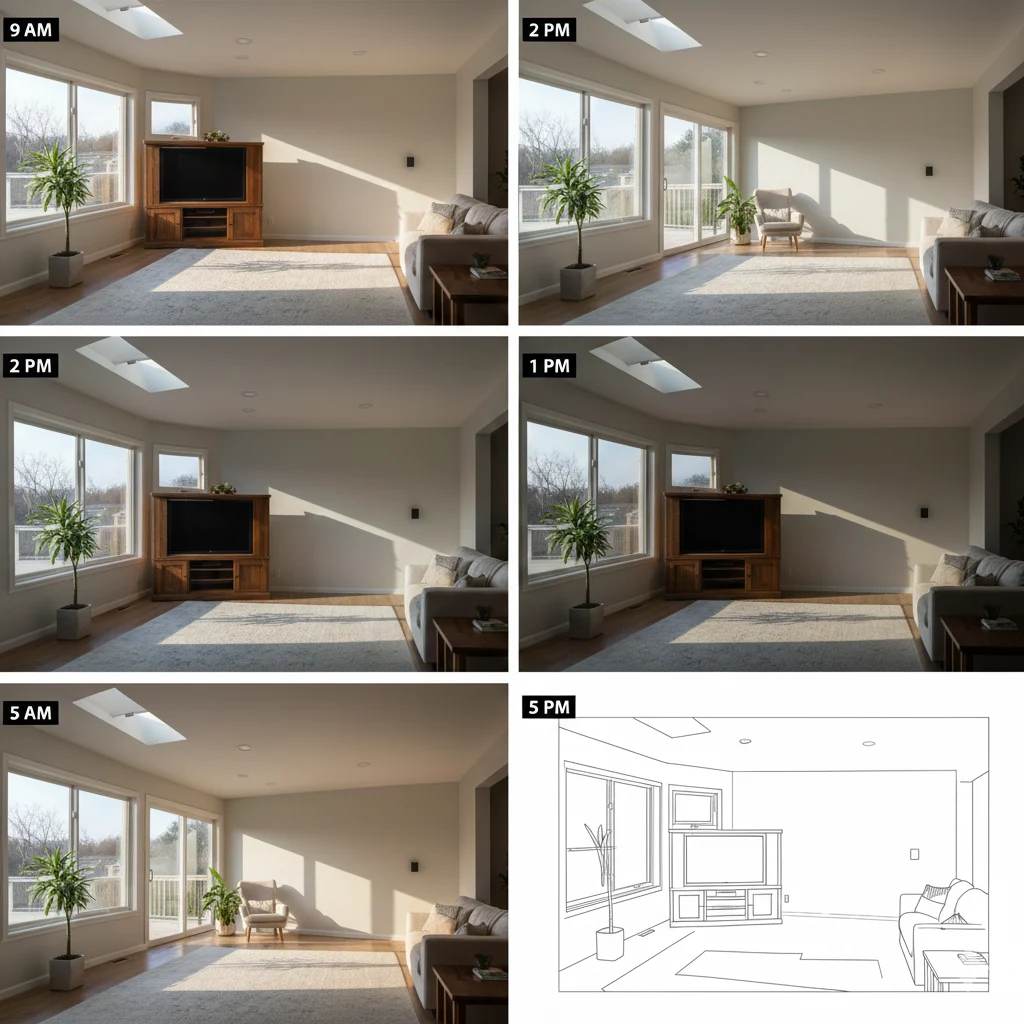 تغییرات نور و سایه‌ها در اتاق از صبح تا عصر