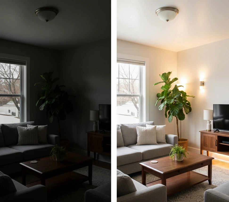 اتاقی با چراغ دیواری و بدون چراغ دیواری