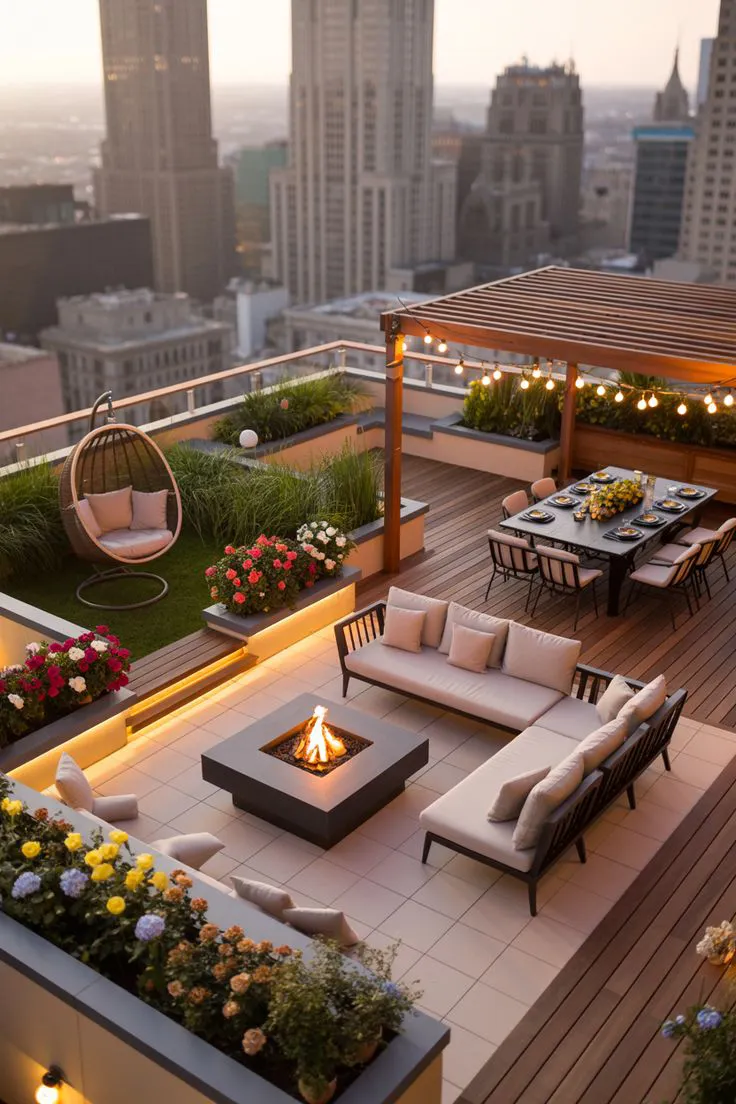 روف‌گاردن لوکس با نمای شهر؛ آلاچیق چوبی و میز ناهارخوری با ریسه چراغ، مبلمان فضای باز با کوسن‌های روشن، آتشدان مرکزی و فلاورباکس‌های پر از گل و چمن.