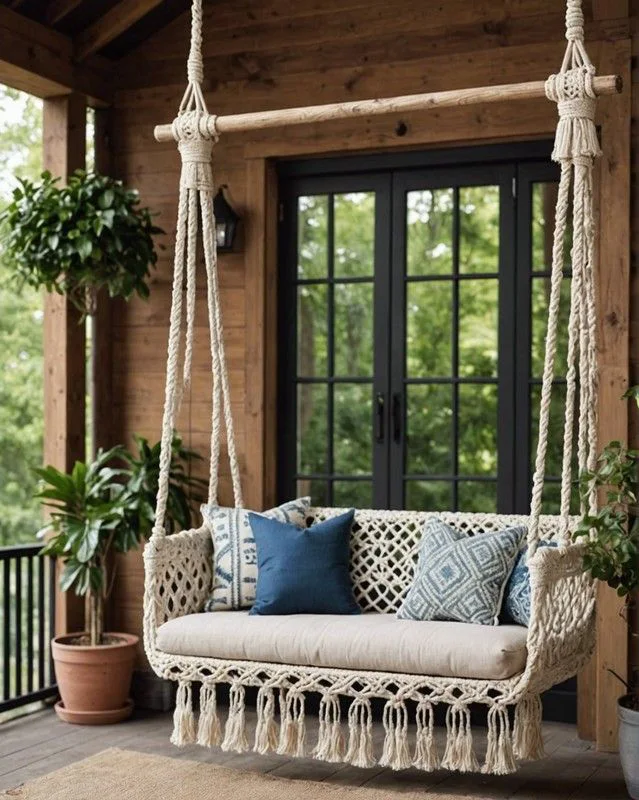 صندلی آویز تاب‌دار مکرمه‌ای با کوسن، مناسب تراس و فضای باز