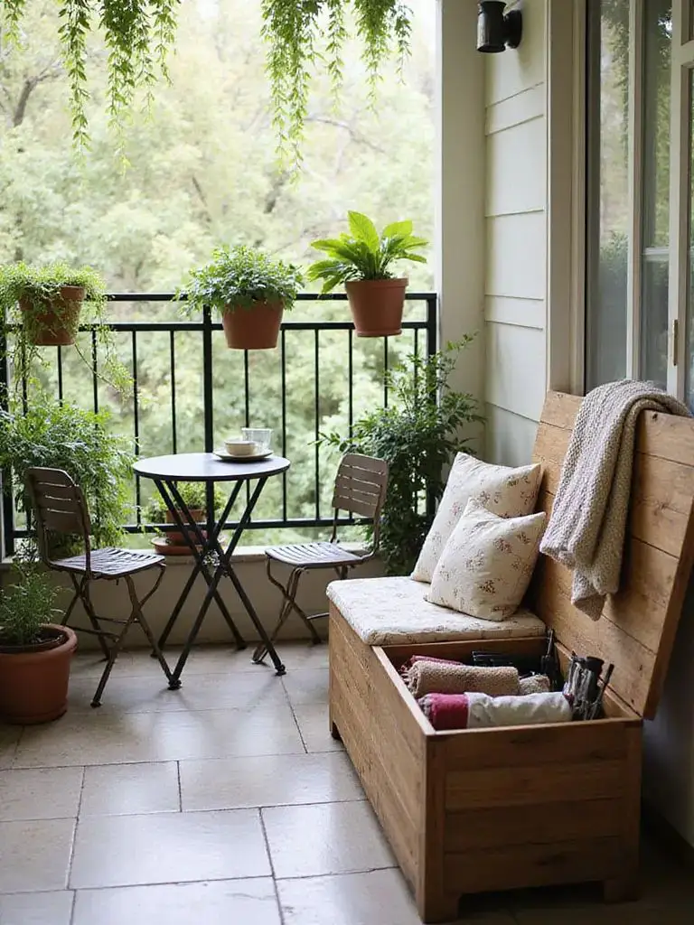 بالکن سبز و دنج با میز و دو صندلی تاشوی فلزی، گلدان‌های آویز روی نرده و نیمکت چوبی صندوق‌دار با کوسن و پتو، رو به منظره درختان.