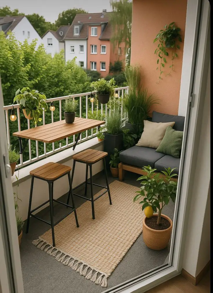 بالکن دنج آپارتمان با بار دیواری چوبی و دو صندلی بلند، مبل کوچک طوسی با کوسن، فرش حصیری، ریسه چراغ و گلدان‌های سبز کنار نرده با نمای ساختمان‌ها و درختان.