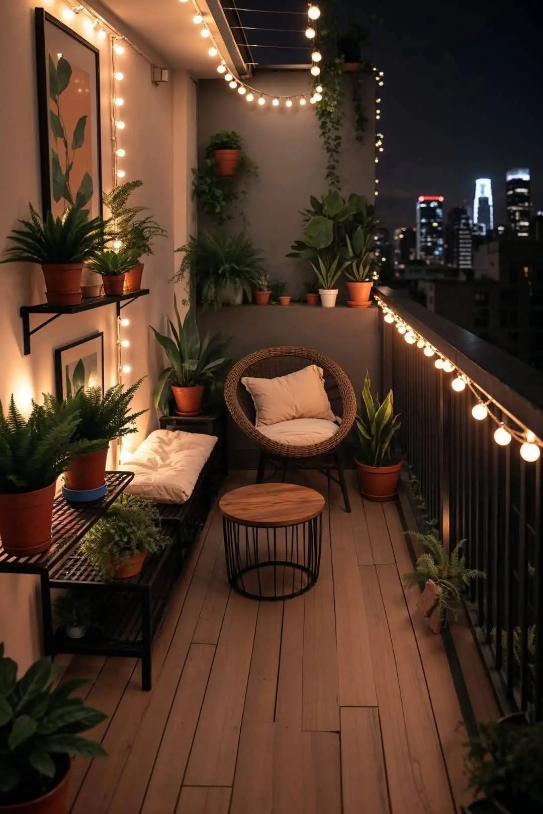 بالکن باریک در شب با ریسه چراغ‌های گرم، صندلی حصیری و میز گرد کوچک، قفسه‌های دیواری پر از گلدان‌های گیاه و نمای چراغ‌های شهر در پس‌زمینه.