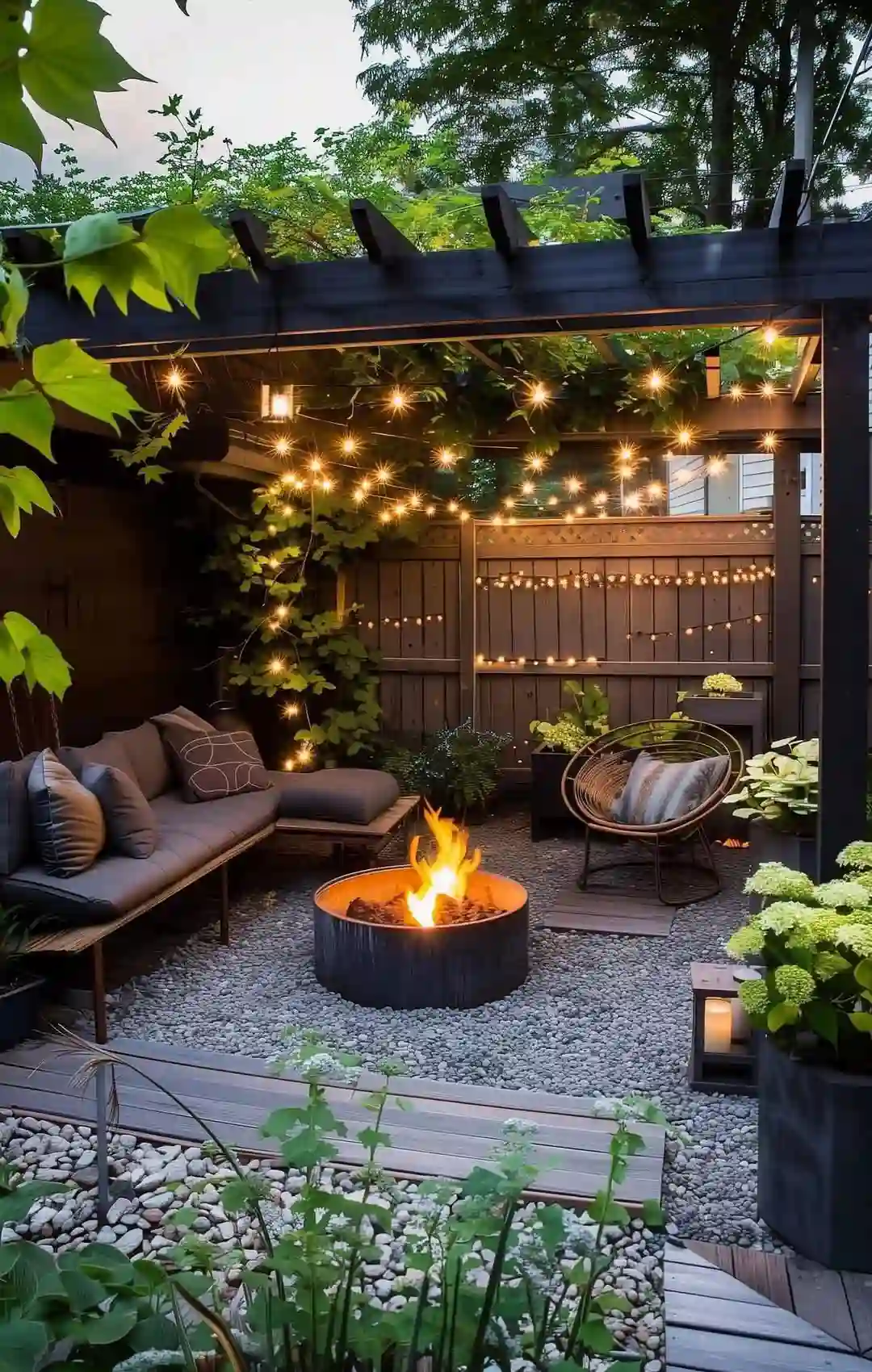 حیاط کوچک با آلاچیق چوبی و ریسه چراغ‌های گرم، مبلمان فضای باز، آتشدان گرد روشن و کف‌پوش سنگریزه‌ای در میان گیاهان سبز.