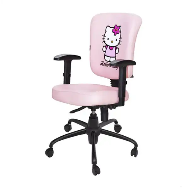 صندلی چرخ‌دار کودک/نوجوان صورتی با پشتی طرح شخصیت کارتونی هلو کیتی، دسته‌های مشکی و پایه پنج‌پر چرخ‌دار