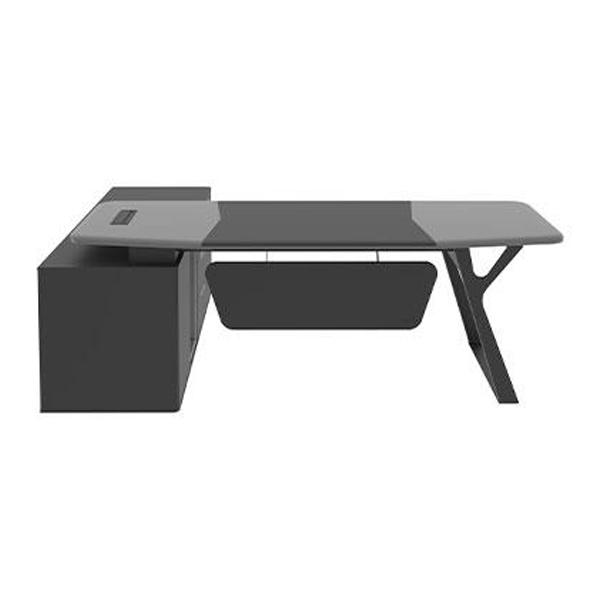 میز مدیریت مدرن مشکی و طوسی با پایهی زاویهدار و فایل و کتابخانهی متصل