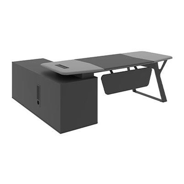 میز مدیریت مدرن مشکی و طوسی با پایهی زاویهدار و فایل و کتابخانهی متصل