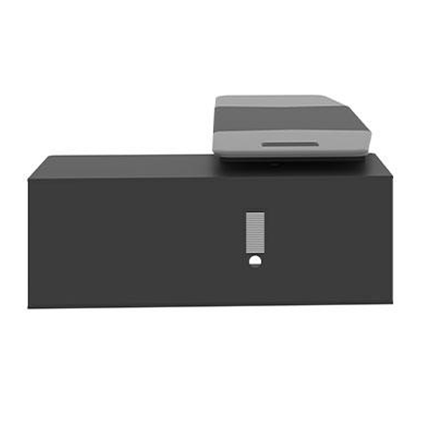 میز مدیریت مدرن مشکی و طوسی با پایهی زاویهدار و فایل و کتابخانهی متصل